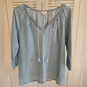 J. Jill Denim Shirt Small Blue Tunic Peasant Top Boho Chambray Tencel Tassel Tie